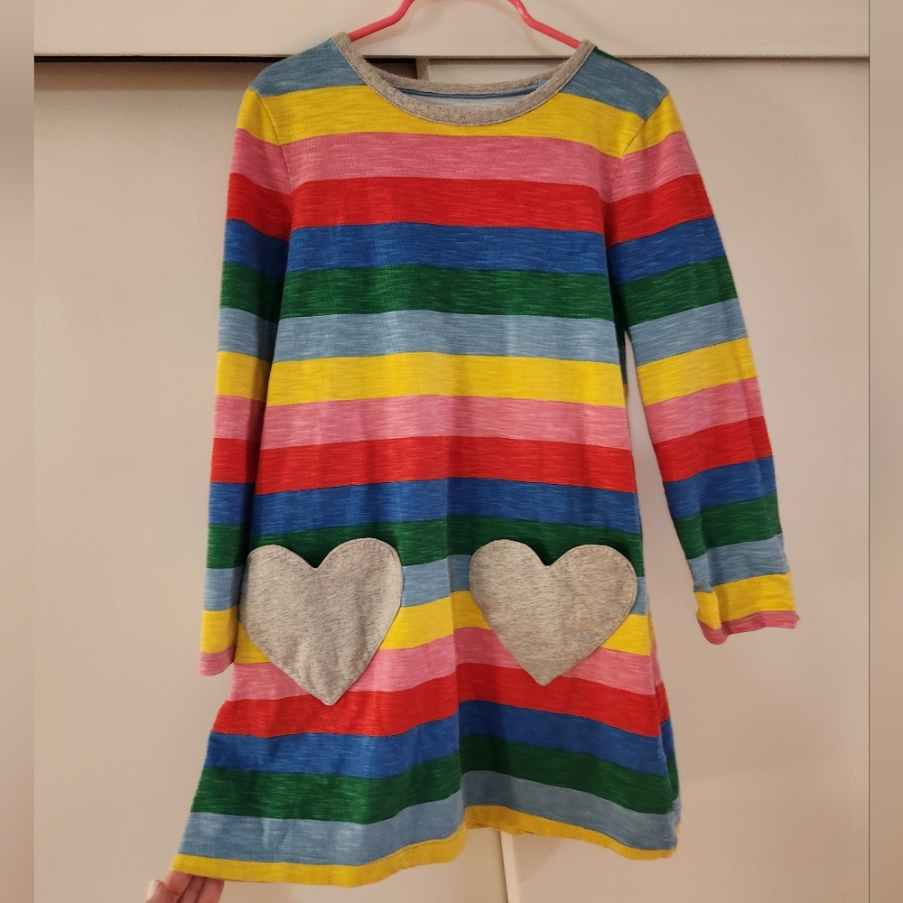 Mini Boden 8-9yrs Rainbow Heart Pocket Dress Color Block 